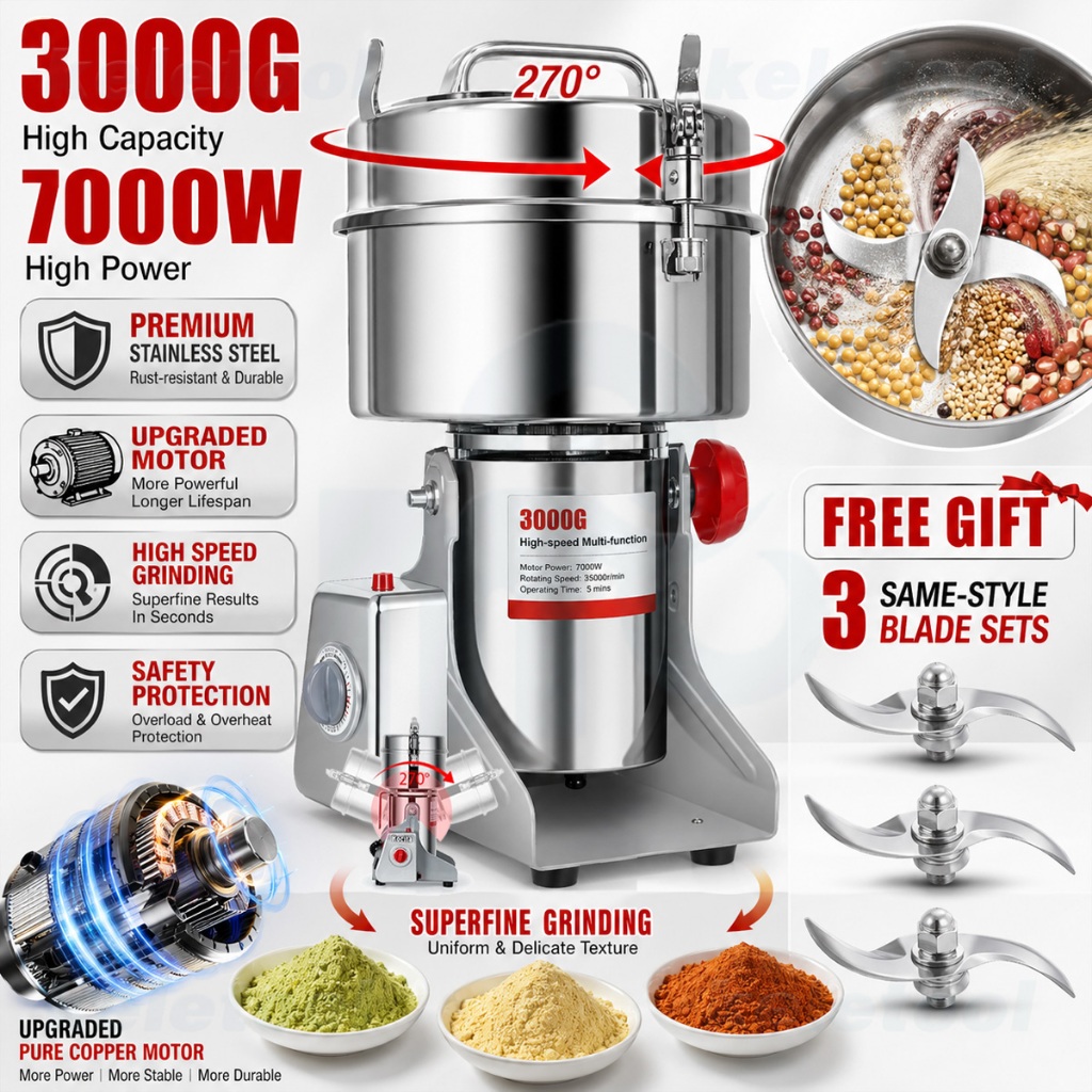 Electric Grain Grinder Mesin Pengisar Rempah Serbuk Kisar Cili Kering Food Processor Big Capacity 3000G Stainless Steel Commercial磨粉碎粉机