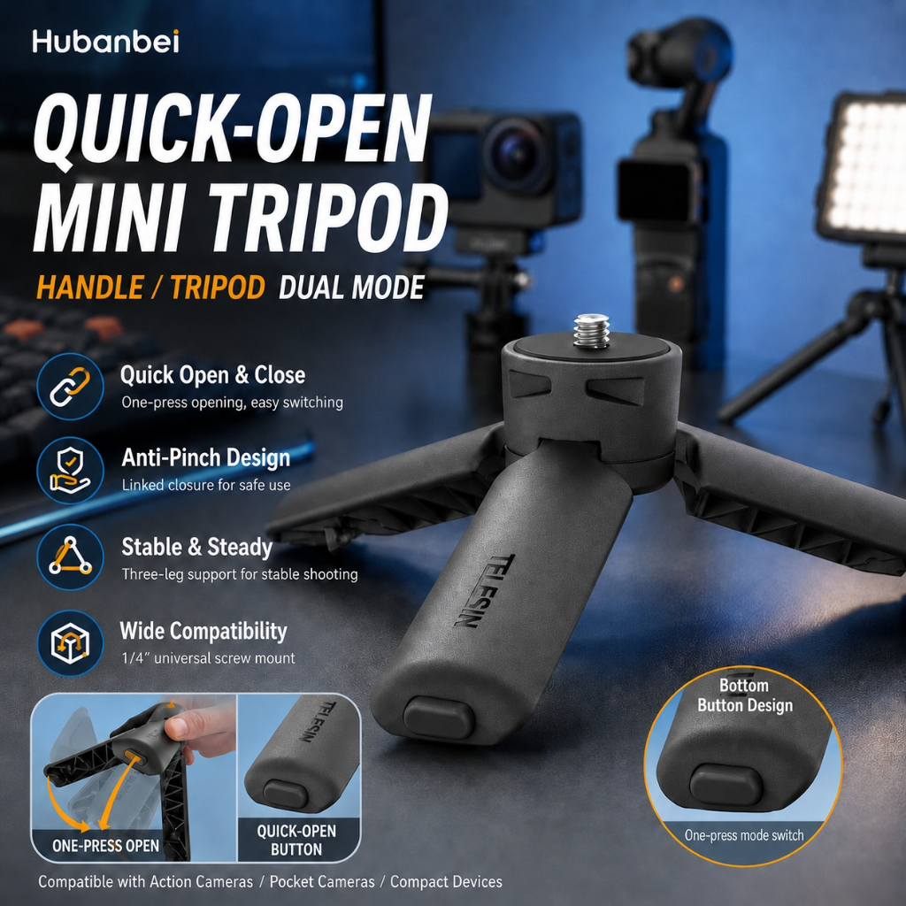 Mini Tripod & Grip for DJI Osmo Pocket 3/4 Camera&Phone, One Click Open Desktop Stand&Handle with 1/4" Screw for Action Camera, Phone & Digital Devices