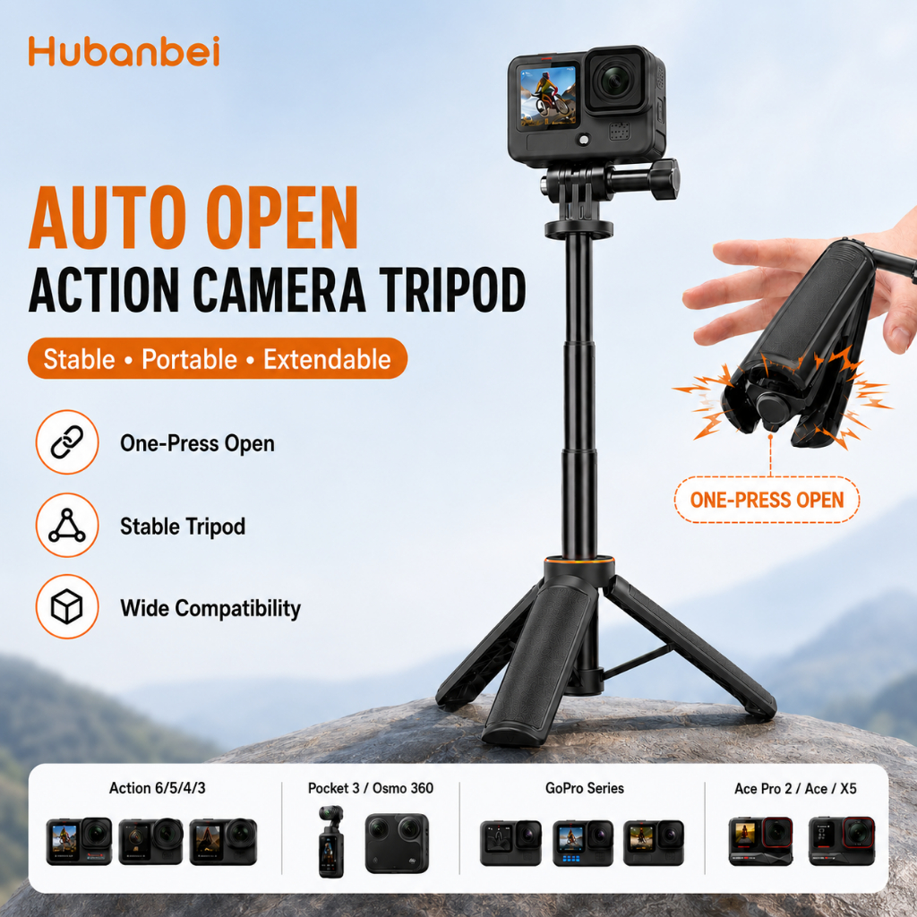 Auto Open Extendable Mini Camera Tripod Selfie Stick for DJI Osmo Action 6/5 Pro/4/3, GoPro HERO13/12/11/10/9/MAX, Insta360 Ace Pro 2/X5, AKASO Action Camera
