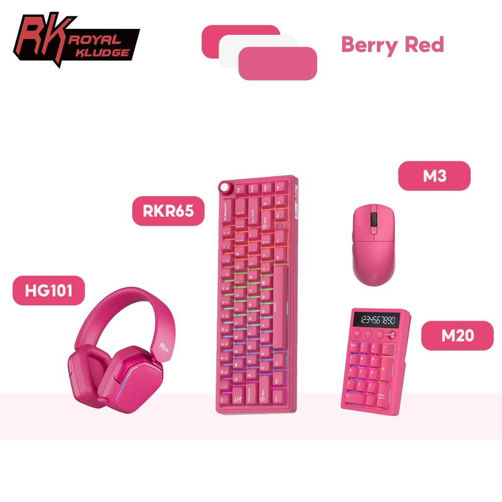 RK Royal Kludge RK R65 Berry Red Wired Hot Swapple Mechanical Keyboard Wireless Mouse Headset And Numeric Keypad