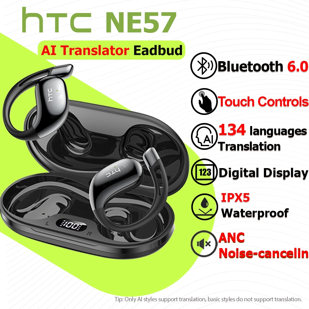 HTC NE57 AI Translation Earbuds Bluetooth 6.0 Supports 134 Languages Translation Wireless Earbuds High-Quality Sound Stylish Design 400mAh Battery AMSR Waterproof HIFI