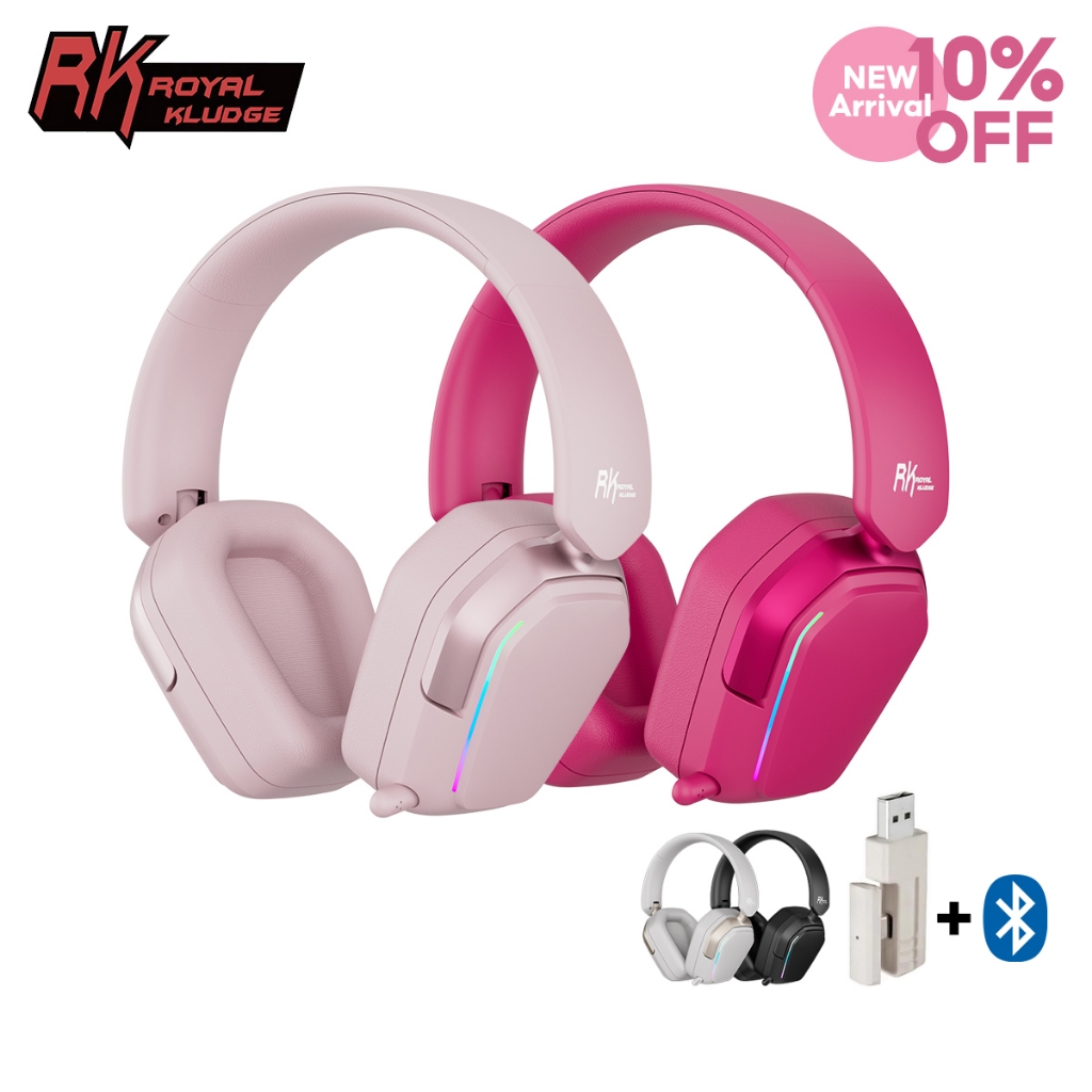 RK Royal Kludge RK HG101 Pink Gaming Headphones Wireless 40mm Speaker Driver with RGB Lights Protein Skin Earmuffs