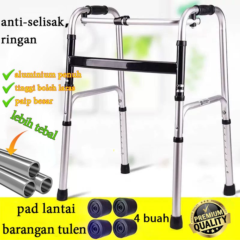 Walking Frame Foldable Walking Frame Tongkat Bantu Jalan Aluminium Alloy Collapsible Adjustable Height Curve Handle Elderly Walking Aid Tongkat Kaki Empat