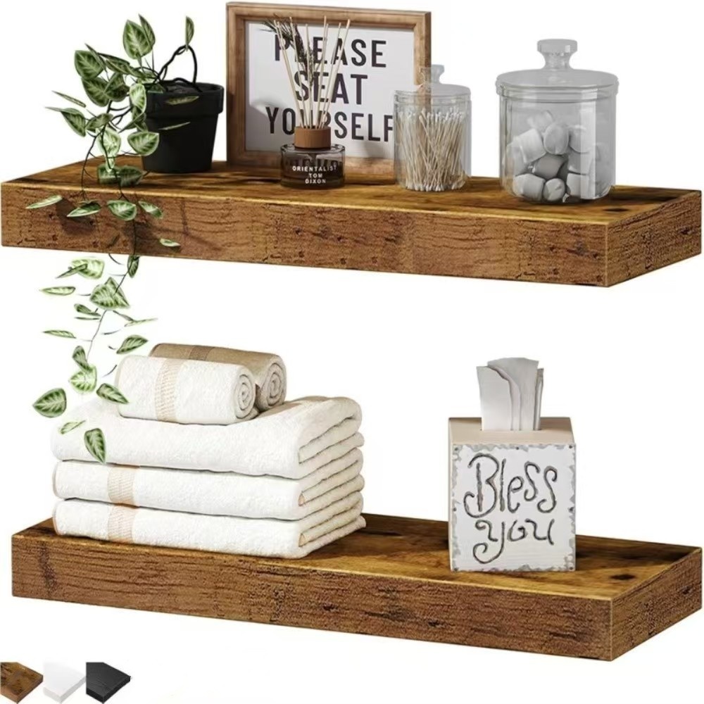 Wall Mounted Floating Shelf – Rustic Wood Wall Shelf for Bedroom, Bathroom, Kitchen – Invisible Brackets, Easy Installation Penyangkut Wooden Decoration
