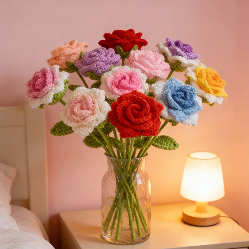 1Pc Crochet Rose Creative Wool Knitted Finished Handmade Product Preserved Fresh Flower Mother's Day Valentine's Day Teachers'Day Gift