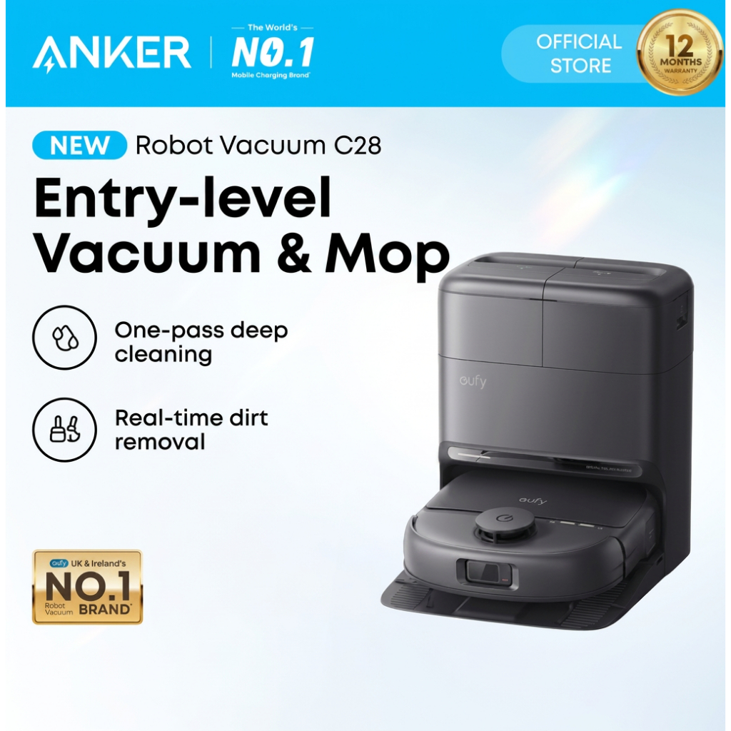 [2026 New]ANKER eufy Omni C28 Robot Vacuum, 15000Pa, HydroJet™ Roller Mop, 5-in-1 Omni Station, DuoSpiral Zero-Tangle, Smart Navigation, SIRIM Certified - Jimat Masa- T211A