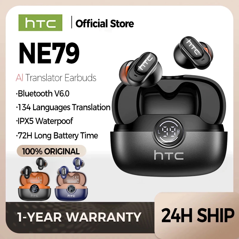 HTC NE79 Real-Time Translation Earphone Wireless Eabud Bluetooth 6.0 HiFi Music HD Call Noise Reduction LED Display With Microphone