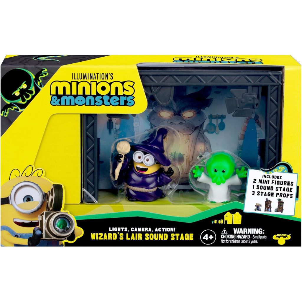 MINIONS Illumination < Monster Wizard's Lair > Stage, 3 Collections and Connections to Build Your < Monster Hollywood > Production, Including 2 Actors and Staff Mini Dolls and 3 Theme Stage Props