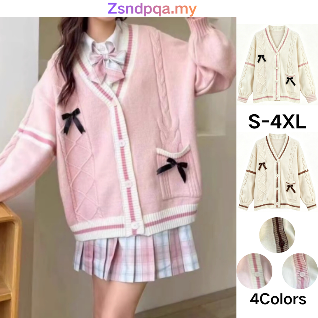 Zsndpqa‌Women Pink Color Block Bow Knit Cardigan Long Sleeve Loose Fit Casual Sweet Knitwear