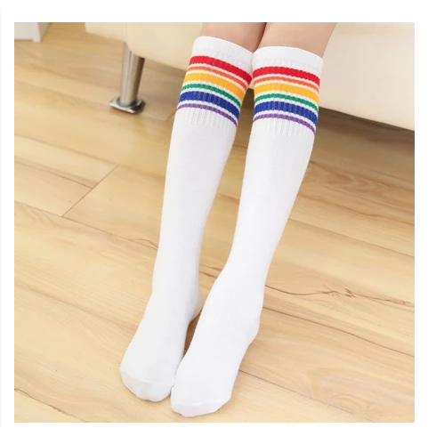 Colorful Rainbow Children's Medium Tube Socks Striped Stockings Student Football Socks Group Performance Socks/1pcs 35cm