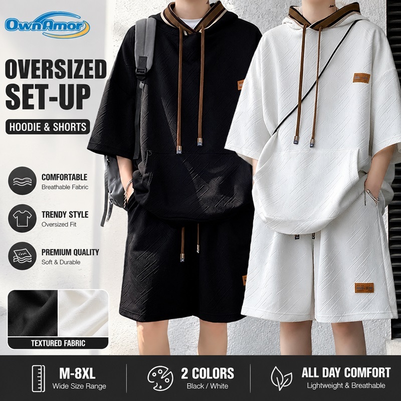 OWNAMOR Plus Size Men Breathable Hooded Sportswear Set 2PCS Loose Top & Shorts M-8XL Local Stock