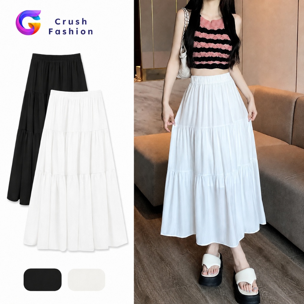 Crush Fashion Elastic Waist A-Line Skirt Ruffle Pleat Summer Maxi Skirt Basic Minimalist Casual Skirt for Women