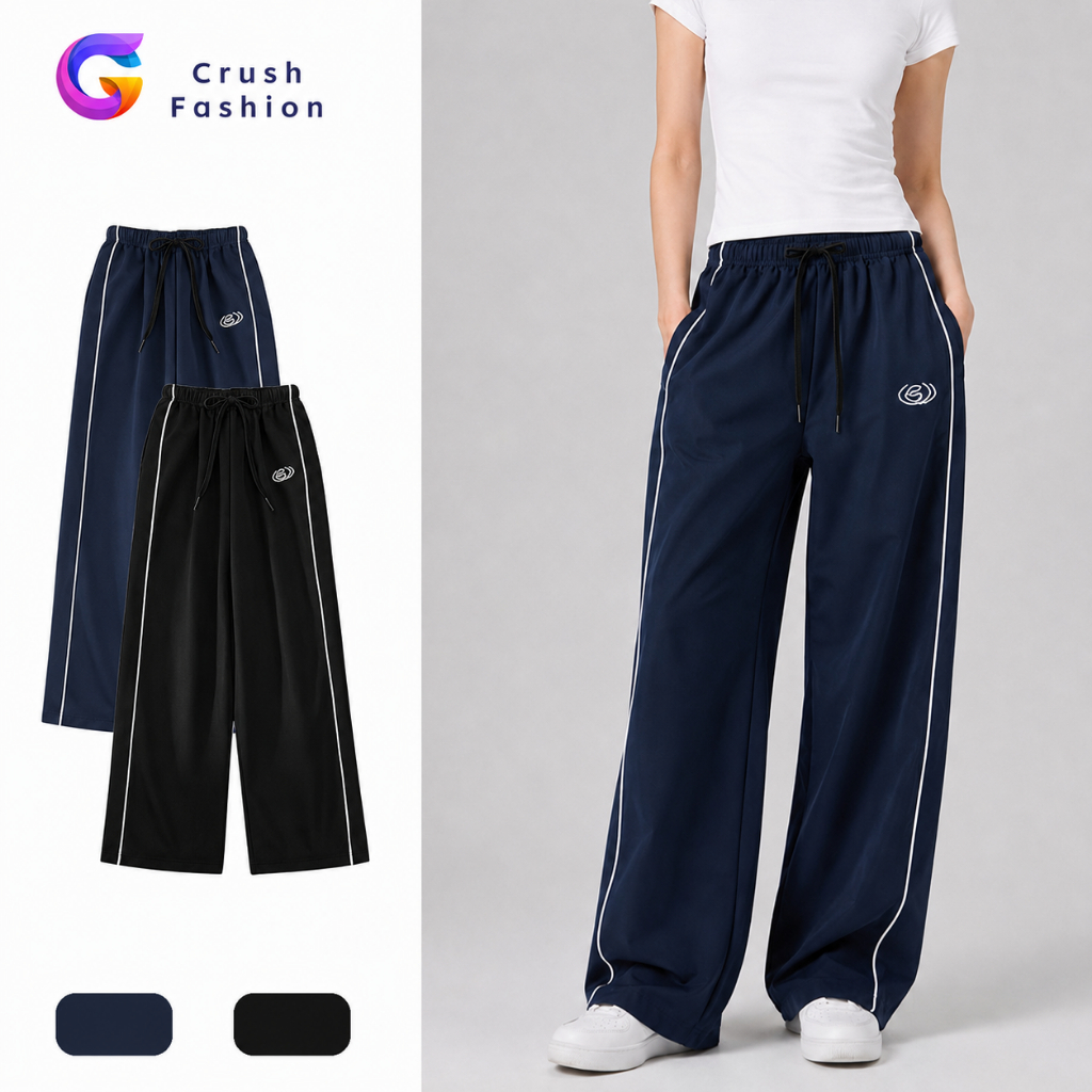 Crush Fashion High Quality Unisex Wide Leg Track Pants Loose Fit Drawstring Elastic Waist Casual Sports Pants with White Side Stripe