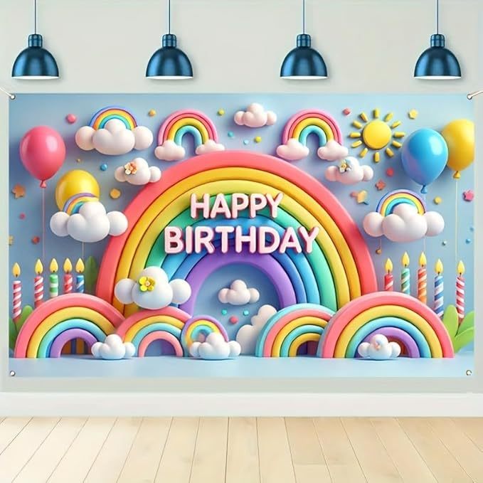 Fabric Theme Pattern Background Curtain Decoration, Baby Children Birthday Party Decoration Background Wall Rainbow Cloud Celebration Photography Props