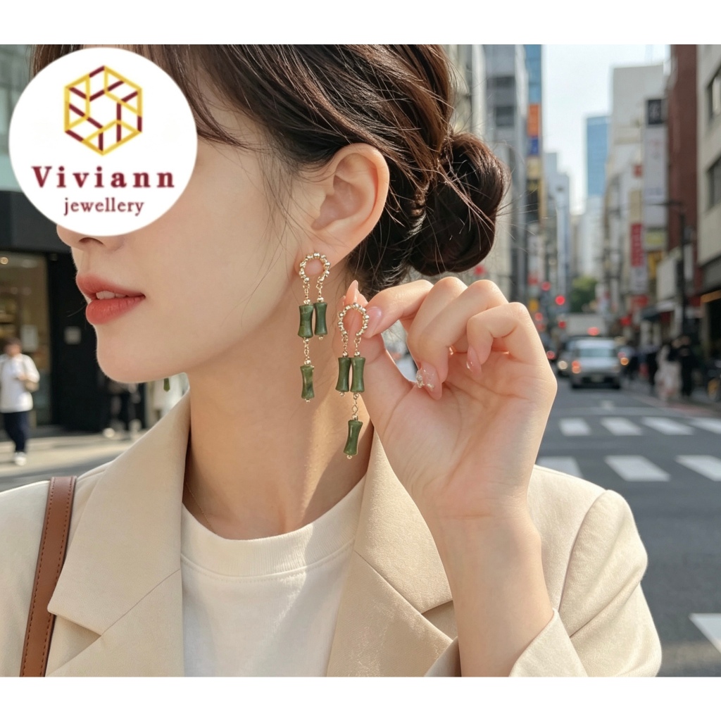 Viviann Original sterling silver Design Streaming Light * Olive Jade Bamboo Festival Earrings New Chinese Vintage Green Pendant Gold Earrings Fashion Hoop Earrings for Women