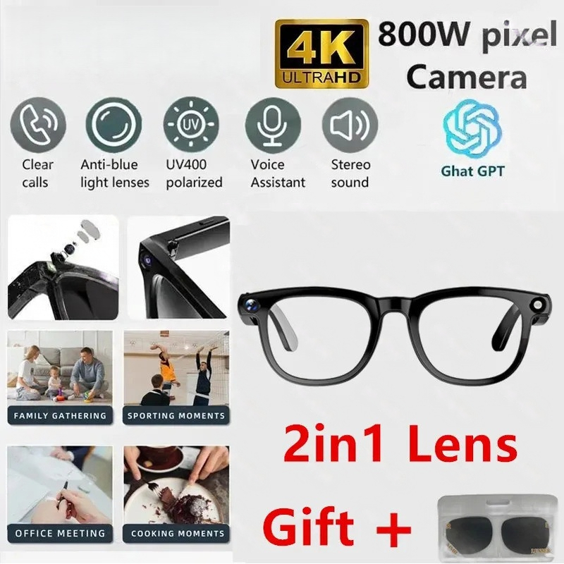 2 in1 4K Smart AI Glasses 800W pixel AI Shooting Camera HD Photo Video Voice Call Translation Waterproof Bluetooth AI Glasses