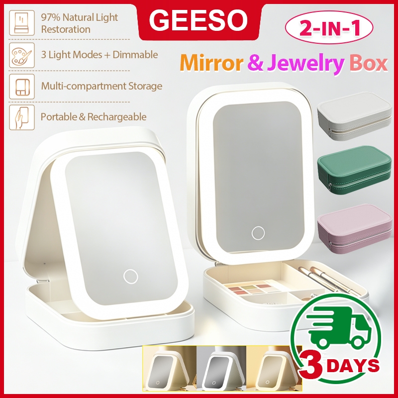 GEESO 2-in-1 LED Lighted Makeup Mirror Case Portable Travel Jewelry Cosmetic Storage Box with 3 Color Lighting Modes 镜灯化妆包
