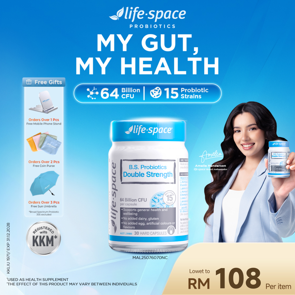 Life-Space B.S. Probiotics Double Strength Capsule 64 Billion CFU 15 Strains | Gut Friendly Support General Health & Wellbeing Daily Supplement | No Refrigeration Required Vegetable Capsule 30s