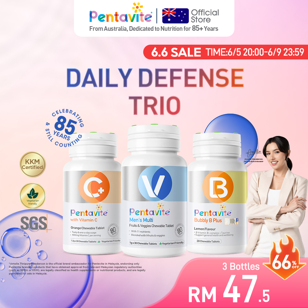【Amelia's Choice】Pentavite Men's Multi + Vitamin C + B Complex 30s – Men’s Daily Defense Trio for Immunity, Focus & Stamina | Vitamin Lelaki untuk Imun, Fokus Mental & Tenaga Aktif – Formulasi Halal, Bebas Gula Tambahan, Sokongan Metabolisme