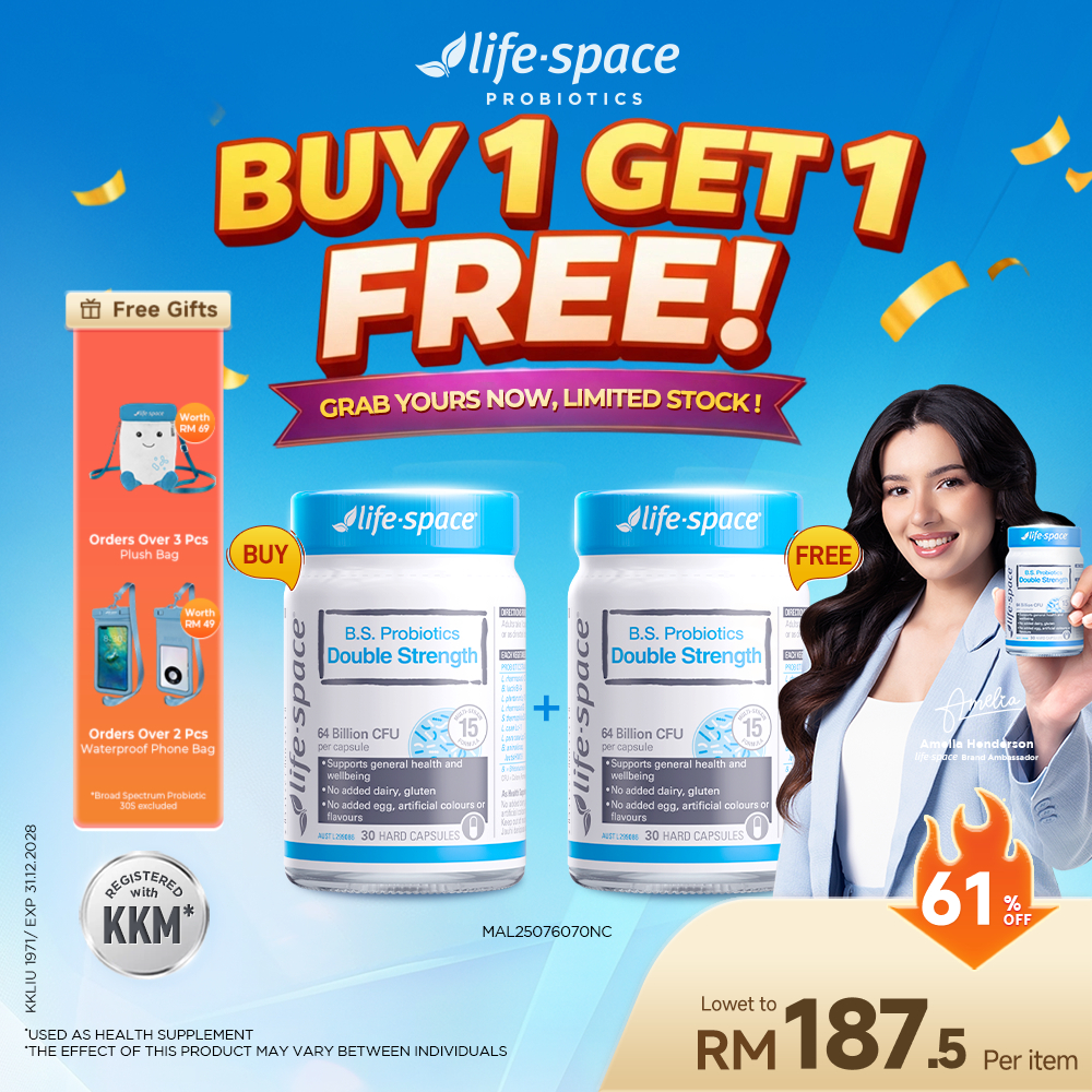 [BUY 1 GET 1 FREE] Life-Space B.S. Probiotics Double Strength Capsule 64 Billion CFU 15 Strains | Gut Friendly Support General Health & Wellbeing Daily Supplement | Non-Refrigerated Vegetable Capsule (2 Bottles)