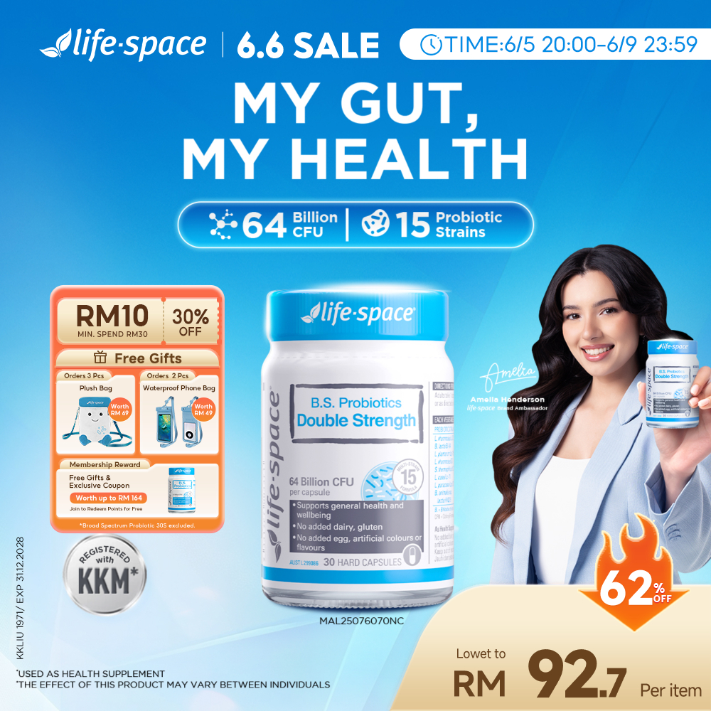 Life-Space B.S. Probiotics Double Strength Capsule 64 Billion CFU 15 Strains | Gut Friendly Support General Health & Wellbeing Daily Supplement | No Refrigeration Required Vegetable Capsule 30s