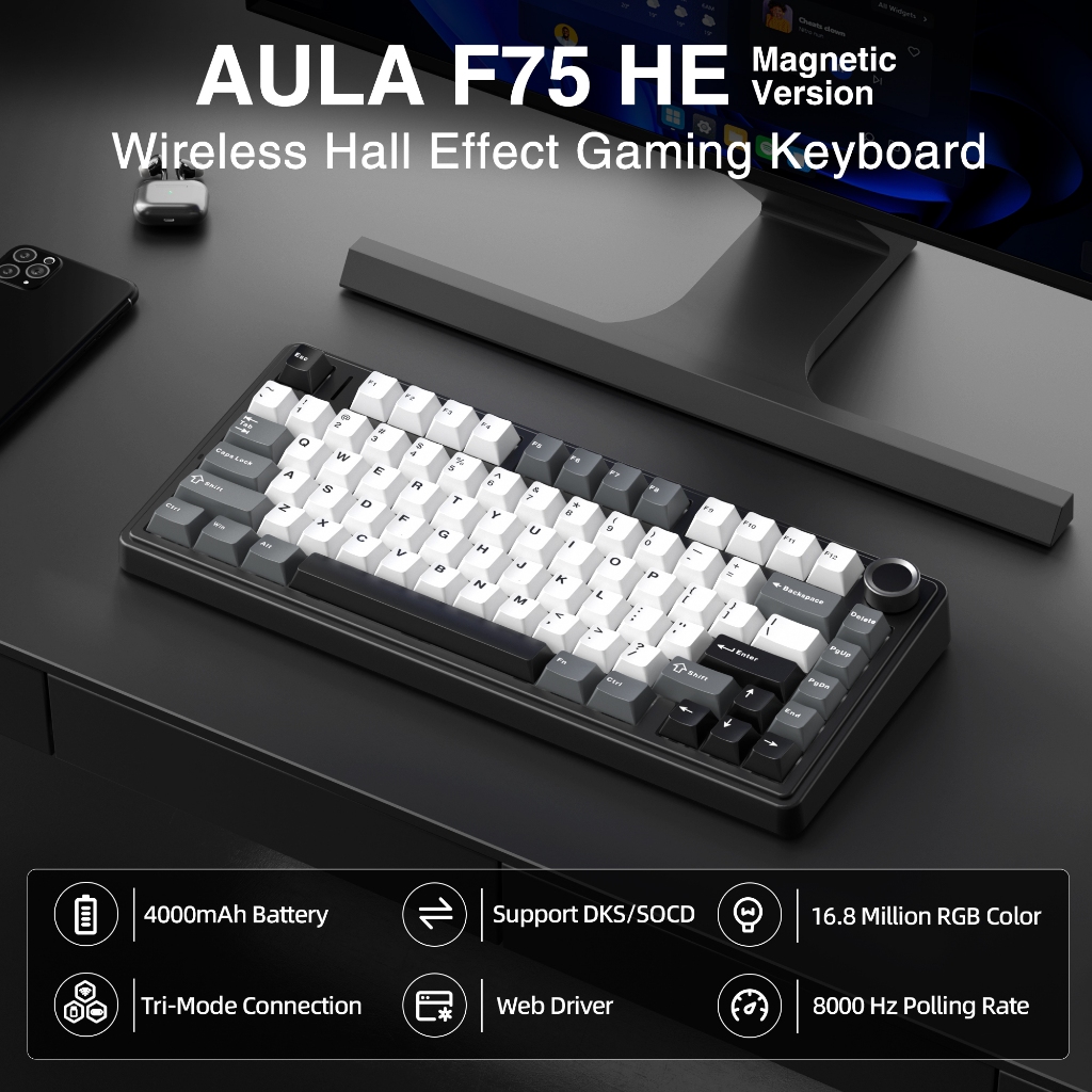 AULA F75HE Rapid Trigger Magnetic Switch Keyboard 75% 80 Keys 8kHz Low Latency RGB Hot-swap Triple Mode Gaming Keyboard