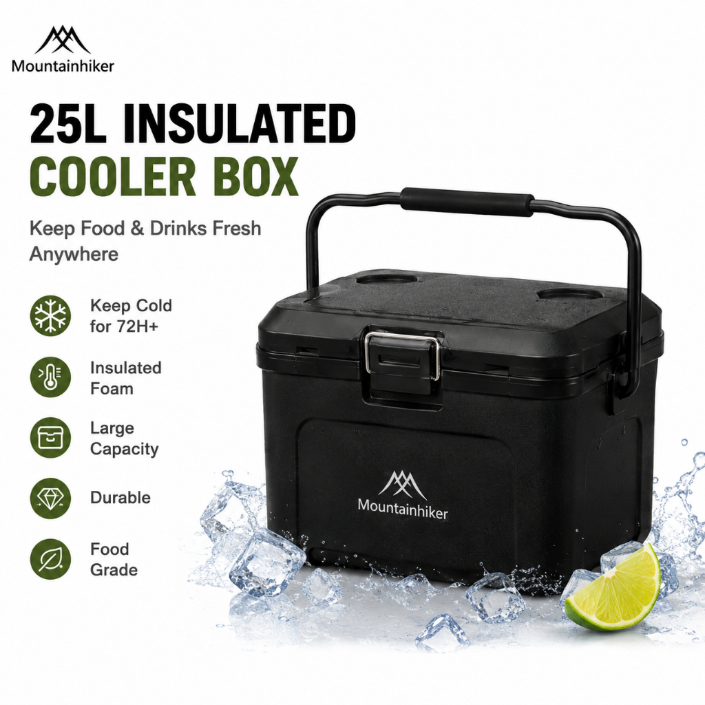 Mountainhiker 25L Cooler Box Tahan Sejuk 72H Ice Box Peti Ais Tong Ais Portable Camping Picnic Fishing Bekas Ais Besar Food Grade PP Interior Drainage Pipe