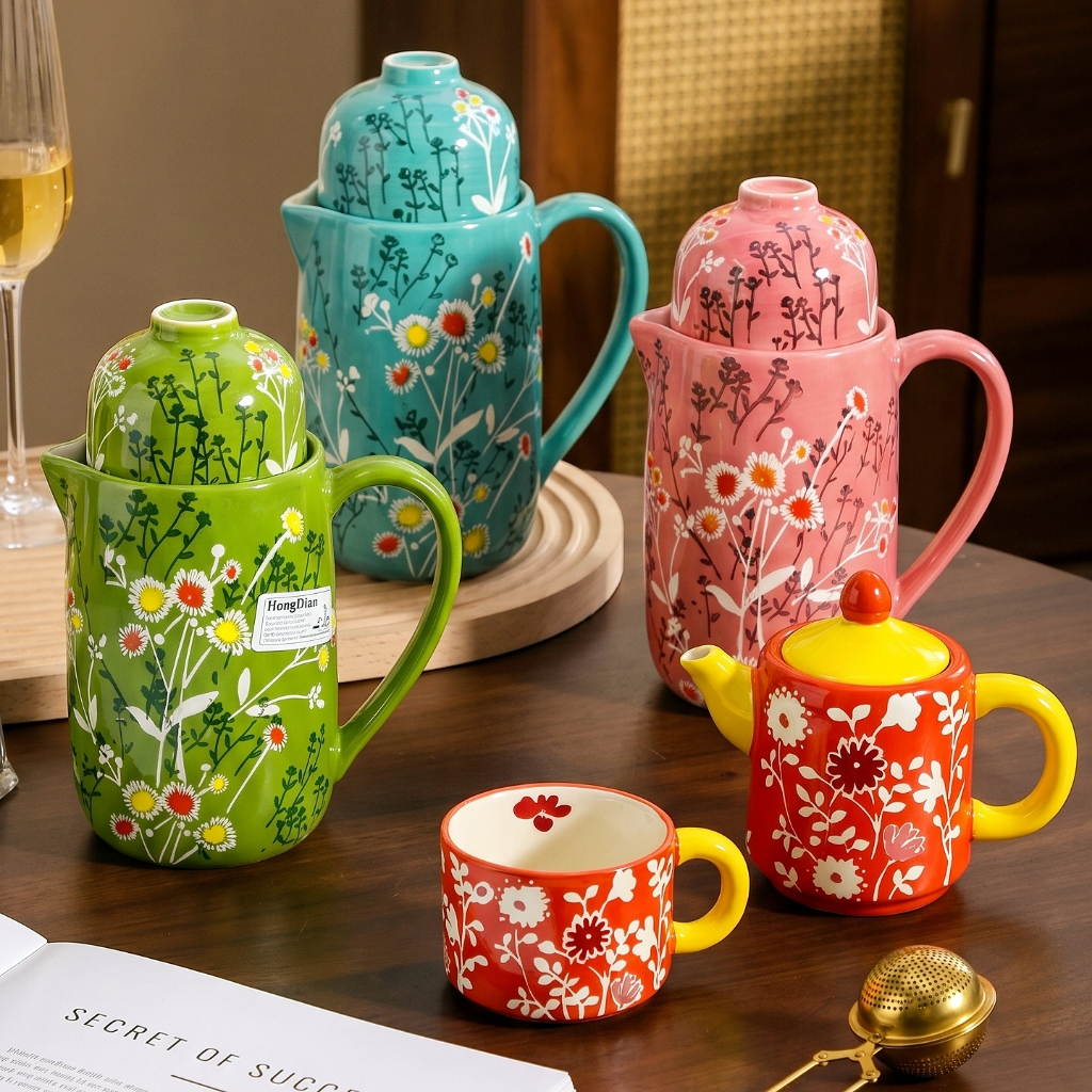 HongDian teko teh seramik dengan cawan bertutup corak bunga dandelion,turut sesuai untuk teh bunga,teh hijau,kopi dan minuman panas,reka bentuk elegan,mudah dibawa,hand painted,food grade,underglaze ceramic,microwave safe,dishwasher safe,heat resistant.