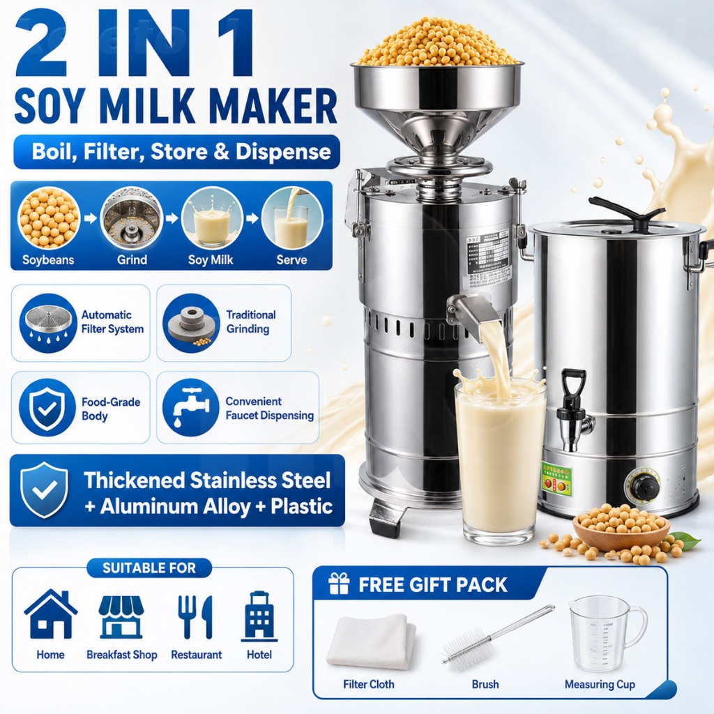 Soy Milk Grinder Machine with boiler water 2in1 electric Mesin Kacang Soya  stainless pulp residue separation Tofu Peanut Almond Rice Chili Paste 豆浆机商用渣浆分离