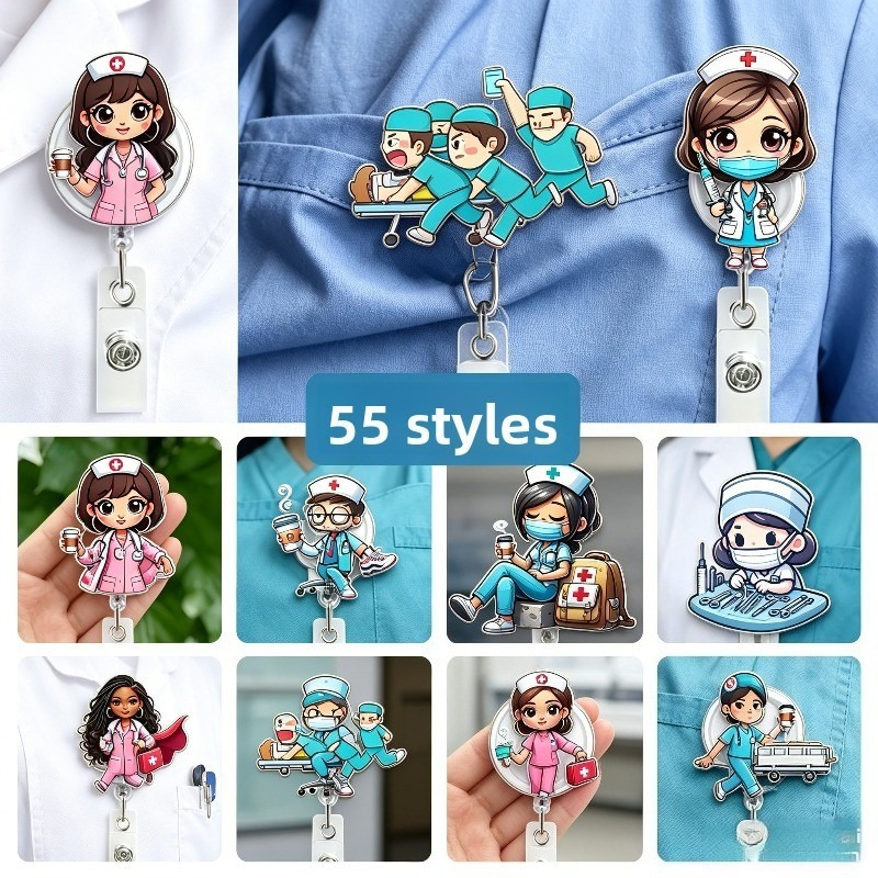 55 Style Cartoon Nurse Doctor Acrylic Badge Reel Retractable ID Card Holder 2D Flat Medical Staff Accessories Cute Design for Nurses