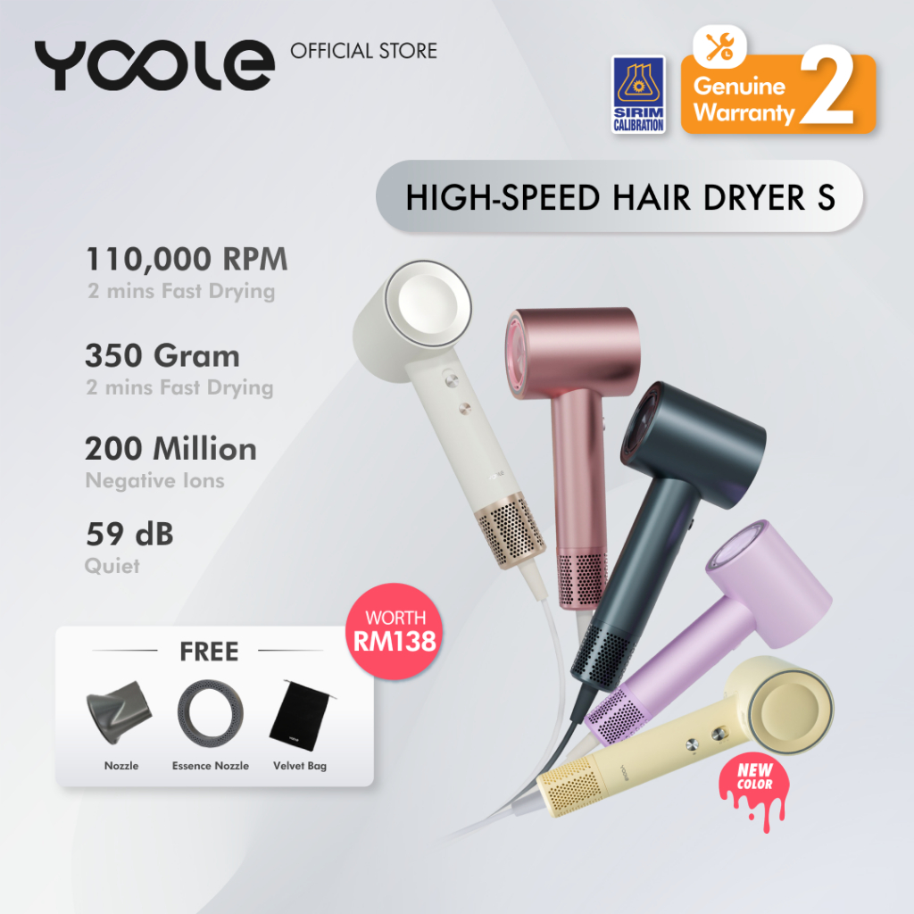 YOOLE High Speed Hair Dryer S | 200 Million Negative Ions Technology | light weight | 110K RPM Motor | Quick-drying with 8 Drying Modes | Thermo Control Ergonomic Design
