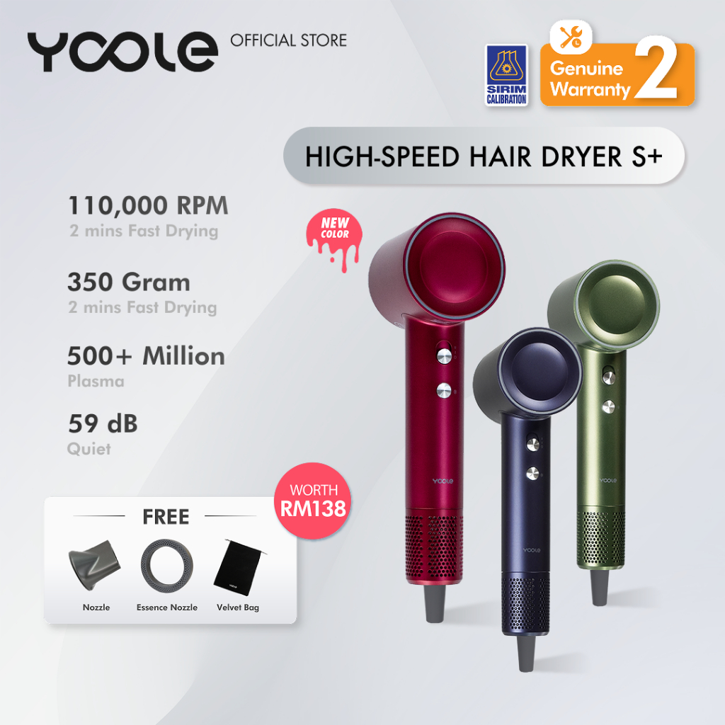 YOOLE High Speed Hair Dryer S+ | 500 Million Plasma Technology | light weight | 110K RPM Motor | Quick-drying with 8 Drying Modes | Thermo Control Ergonomic Design