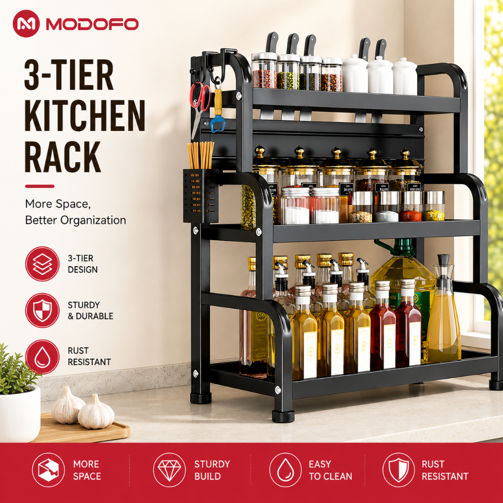 MODOFO Spice Rack Organizer Kitchen Seasoning Storage Rak Stainless Steel Rak Rempah Ratus Dapur 2/3Layers