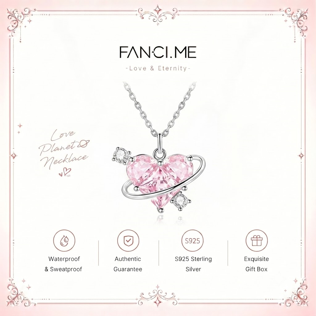 ⚡️Malaysia Stock⚡️FANCIME "Sweetheart" Pink Planet Love Planet Necklace Sterling Silver Romantic Galaxy Pendant Birthday Anniversary 520 Gift for Her