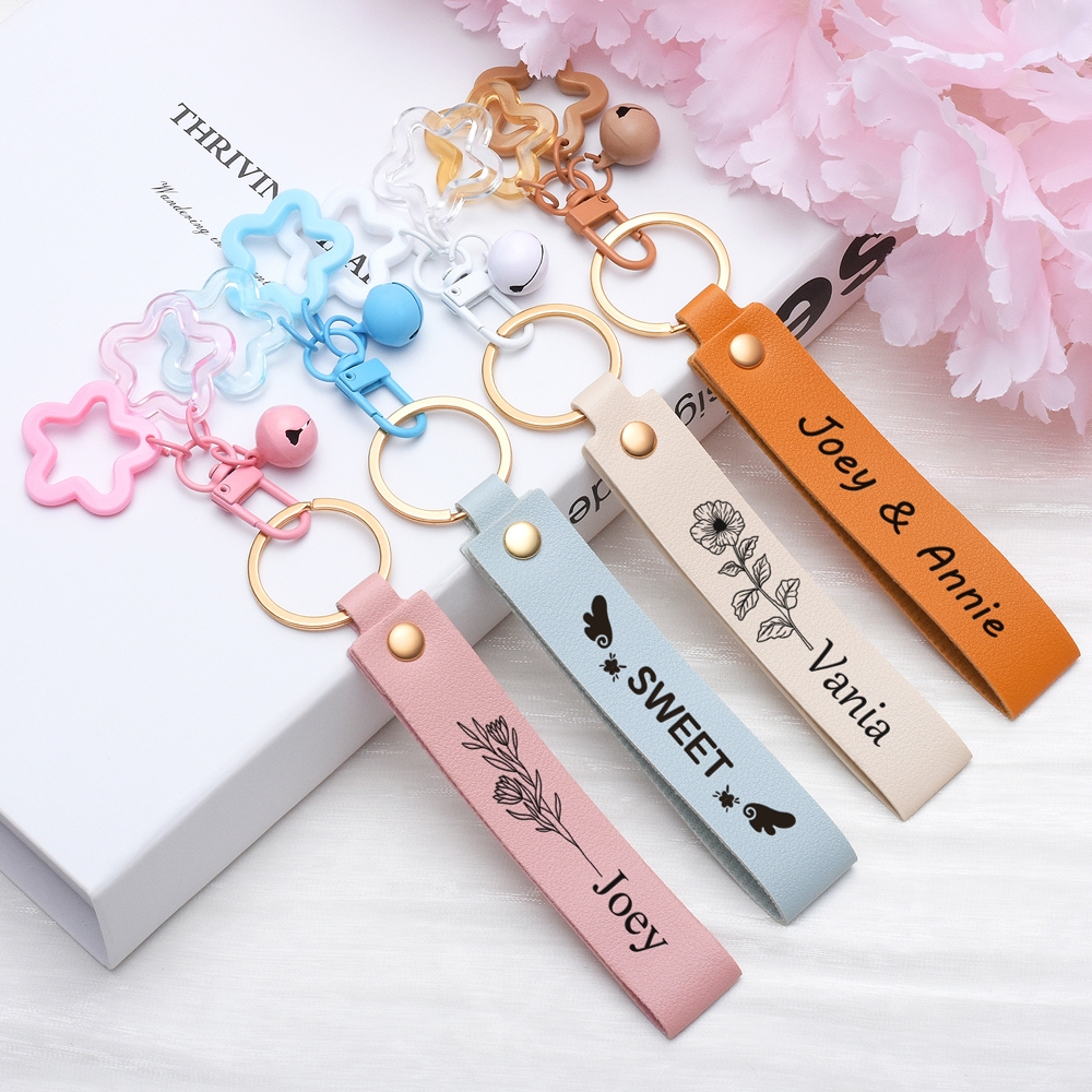 [READY STOCK] Free Custom Logo PU Keychain with Star & Bell Pendant, High Quality Personalized Tag, Gift for Friends & Business Promotion