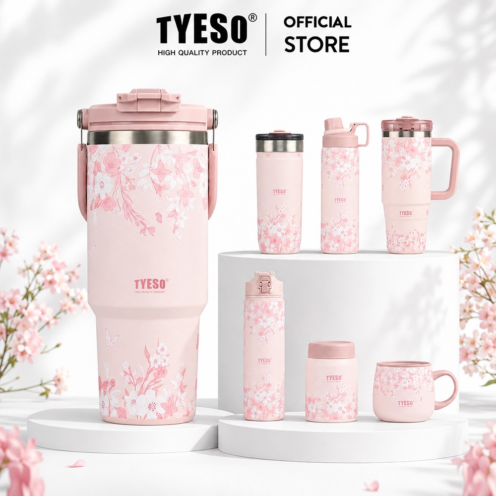 TYESO Pink Floral Insulated Tumbler Stainless Steel Vacuum Cup with Straw 24H Cold 12H Hot