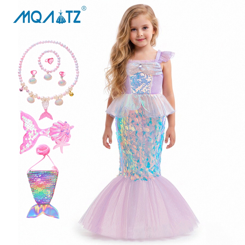 MQATZ Fantasy Mermaid Cosplay Dress Birthday Baby Girls Children Costume Sequin Purple Princess Dresses Perform Girl Party Clothing AMRY019