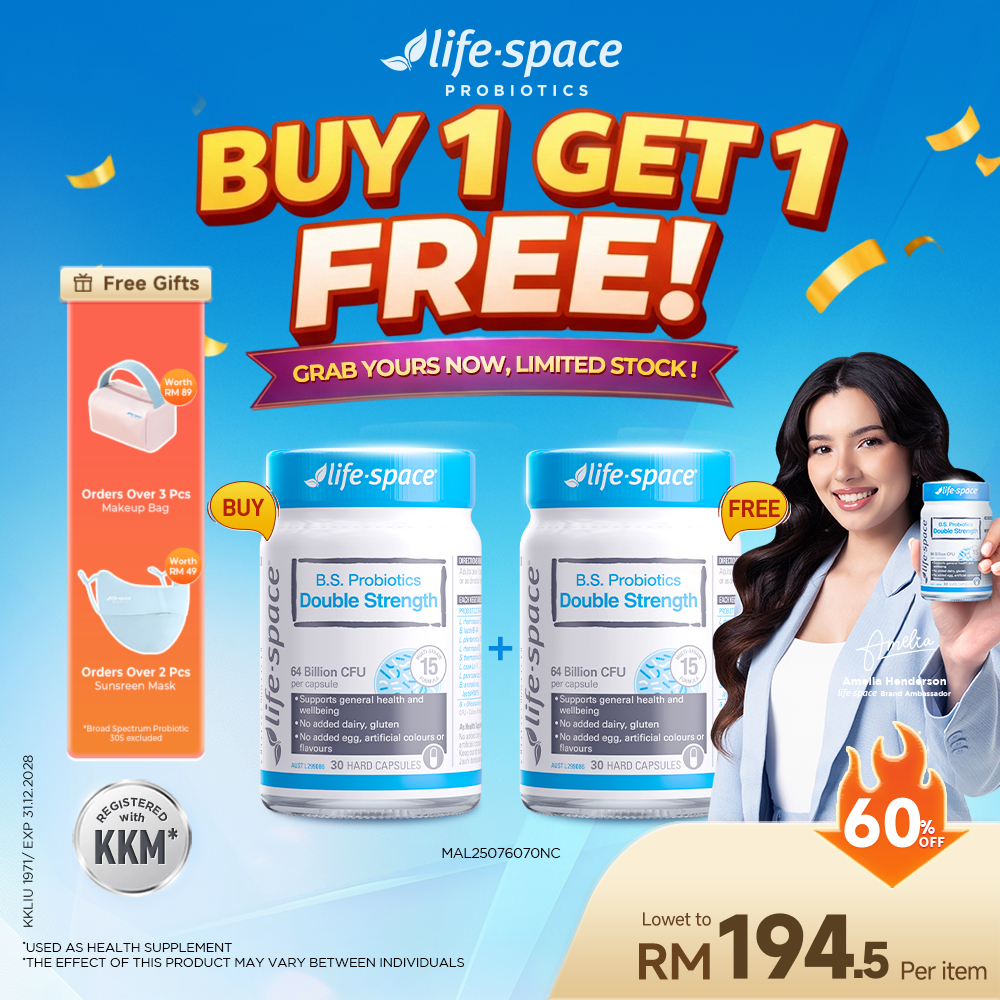[BUY 1 GET 1 FREE] Life-Space B.S. Probiotics Double Strength Capsule 64 Billion CFU 15 Strains | Gut Friendly Support General Health & Wellbeing Daily Supplement | Non-Refrigerated Vegetable Capsule (2 Bottles)