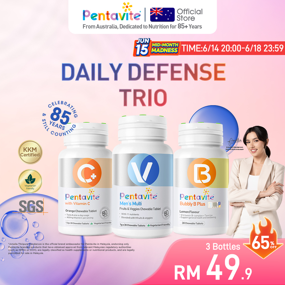 【Amelia's Choice】Pentavite Men's Multi + Vitamin C + B Complex 30s – Men’s Daily Defense Trio for Immunity, Focus & Stamina | Vitamin Lelaki untuk Imun, Fokus Mental & Tenaga Aktif – Formulasi Halal, Bebas Gula Tambahan, Sokongan Metabolisme
