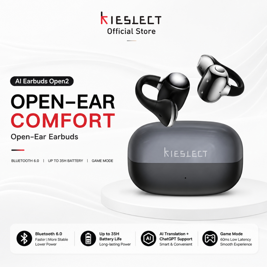 Kieslect Open2 AI Open-Ear Clip Earbuds Offline Translation ChatGPT Powered 35H Battery Life Bluetooth 6.0 Gaming Mode