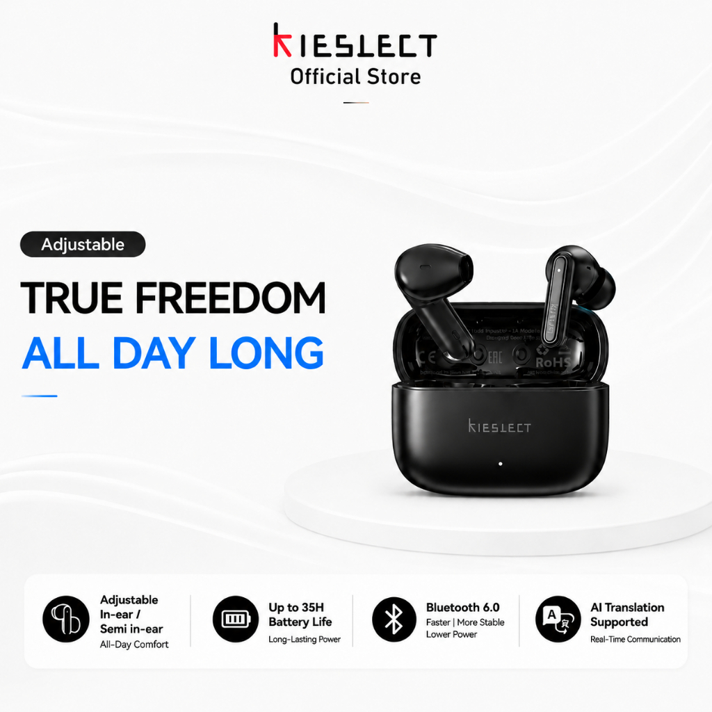 Kieslect Adjustable AI Translator Earbuds Bluetooth 6.0 Wireless Earphones 164 Languages ChatGPT ANC ENC Noise Cancelling 35H Battery