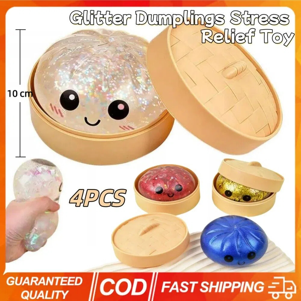 4PCS Glitter Dumplings Stress Relief Toy Cute Steamed Bun Squishy Toy with Steamer Box Fidget Toy Premium Soft Slow Resilience Stress Relief Sensory Squeeze Toy