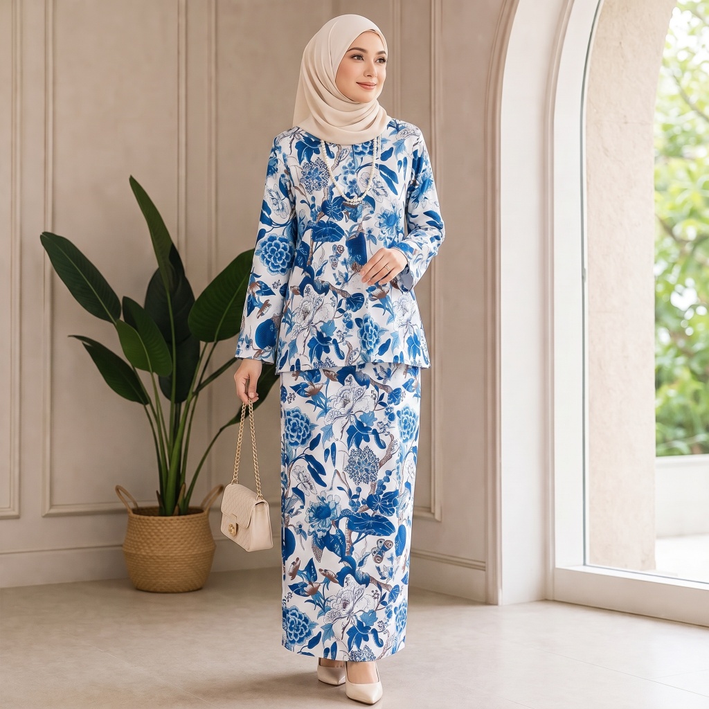 Baisan Southeast Asian Inspired Retro Floral Linen Set - Women's Stand Collar Long Sleeve Blouse & Matching Long Skirt