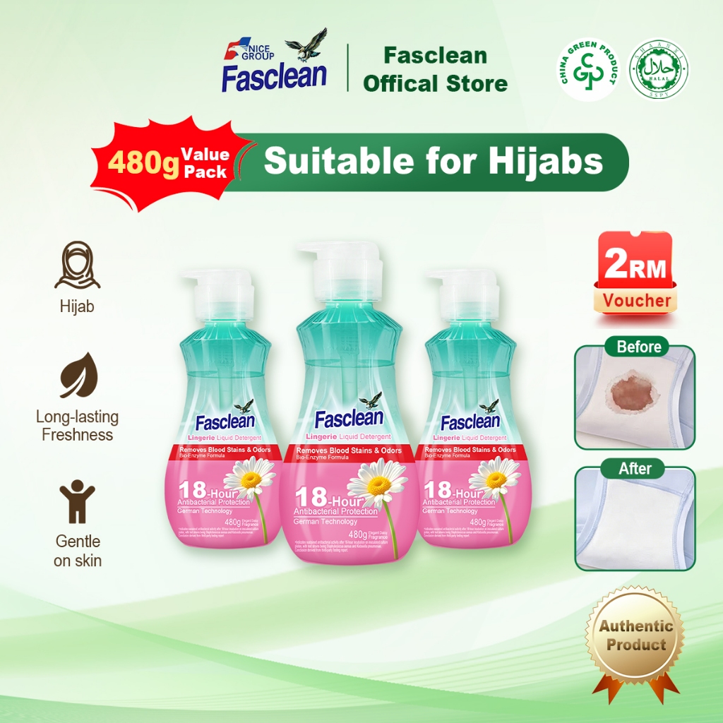 Fasclean Lingerie Laundry Detergent Liquid 480g Gentle Cleaning for Underwear Removes Odor & Blood Stains No Harsh Chemicals Suitable for Hijabs