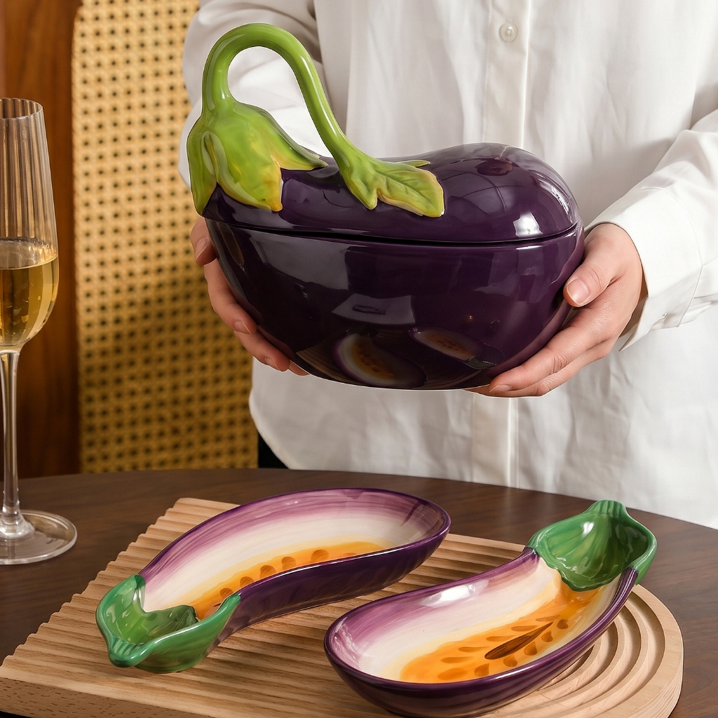 HongDian pinggan hidang seramik bentuk terung dengan bekas sup bertutup,reka bentuk sayuran kreatif,sesuai untuk meja makan,sesuai untuk pencuci mulut,snek,buah-buahan dan hidangan,microwave safe,oven safe,dishwasher,food safe.