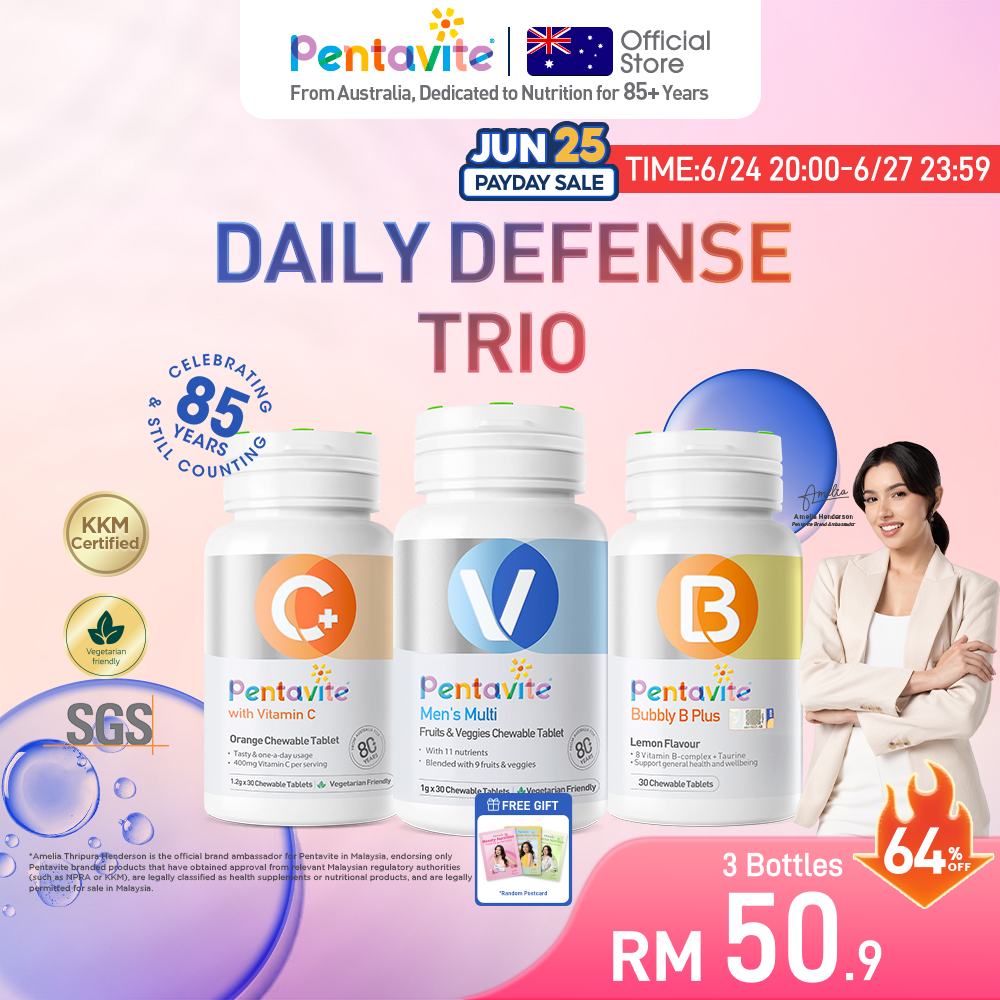 【Amelia's Choice】Pentavite Men's Multi + Vitamin C + B Complex 30s – Men’s Daily Defense Trio for Immunity, Focus & Stamina | Vitamin Lelaki untuk Imun, Fokus Mental & Tenaga Aktif – Formulasi Halal, Bebas Gula Tambahan, Sokongan Metabolisme