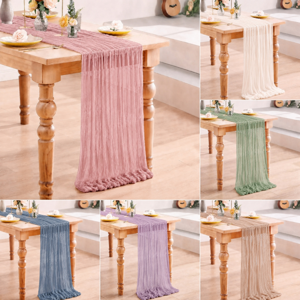 【Local Ready Stock】90*180cm Pink Semi-Sheer Gauze Beige Table Runner Sage Cheesecloth Table Setting Dining Vintage Wedding Decoration Valentine Graduation Party Decor