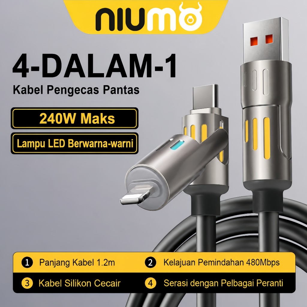NIUMO 240W Max 4 in 1 Fast Charging Cable 1.2M LED Light 480Mbps Data Transfer Multi Device Charger Cord For iPhone Type-C Android Laptop