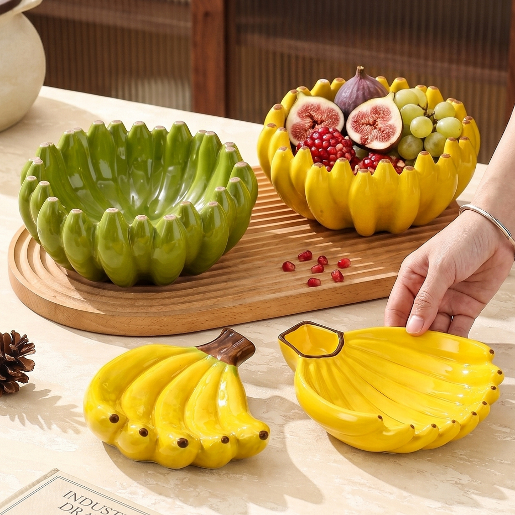 HongDian set pinggan mangkuk seramik bentuk pisang realistik,termasuk mangkuk buah,pinggan snek dan pinggan sos untuk rumah,warna kuning hijau cerah,tahan panas,tidak mudah pudar,microwave safe,dishwasher safe,food safe,premium ceramic.