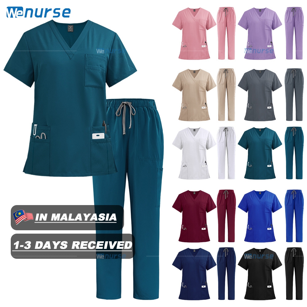 【MALAYSIA READY STOCK】Fashion Women Men Unisex Elastic Wrinkle Resistant Breathable Scrub Suit Set with cargo pants white Doctor Nurse Uniform【Short Sleeves V-neck Top+ Straight Cut Pants】